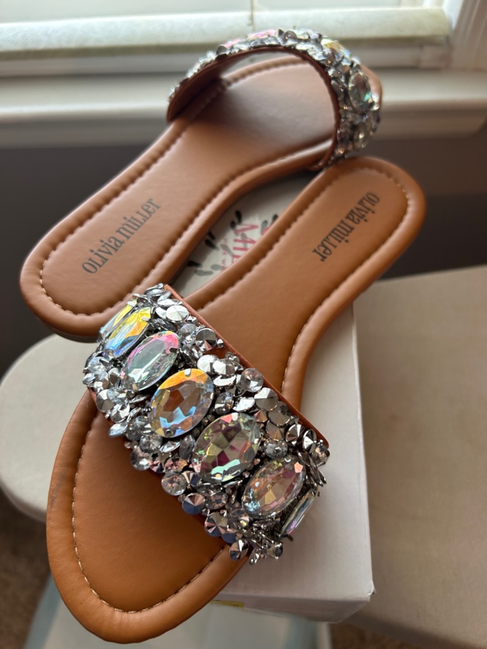 Olivia Miller Brown Jeweled Slide Sandals